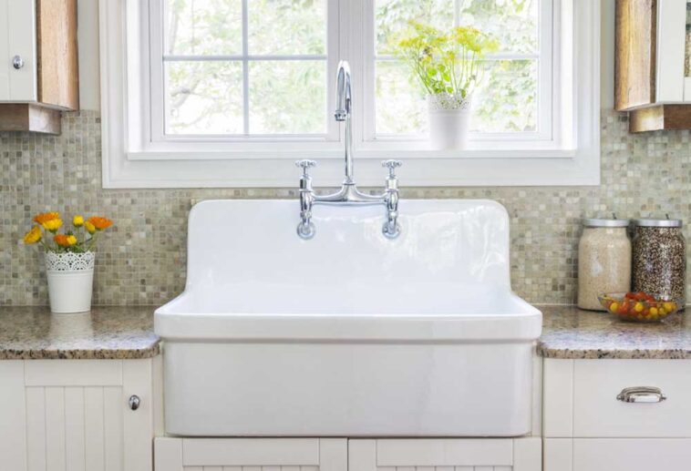 large, white kitchen sink in a farmhouse kitchen